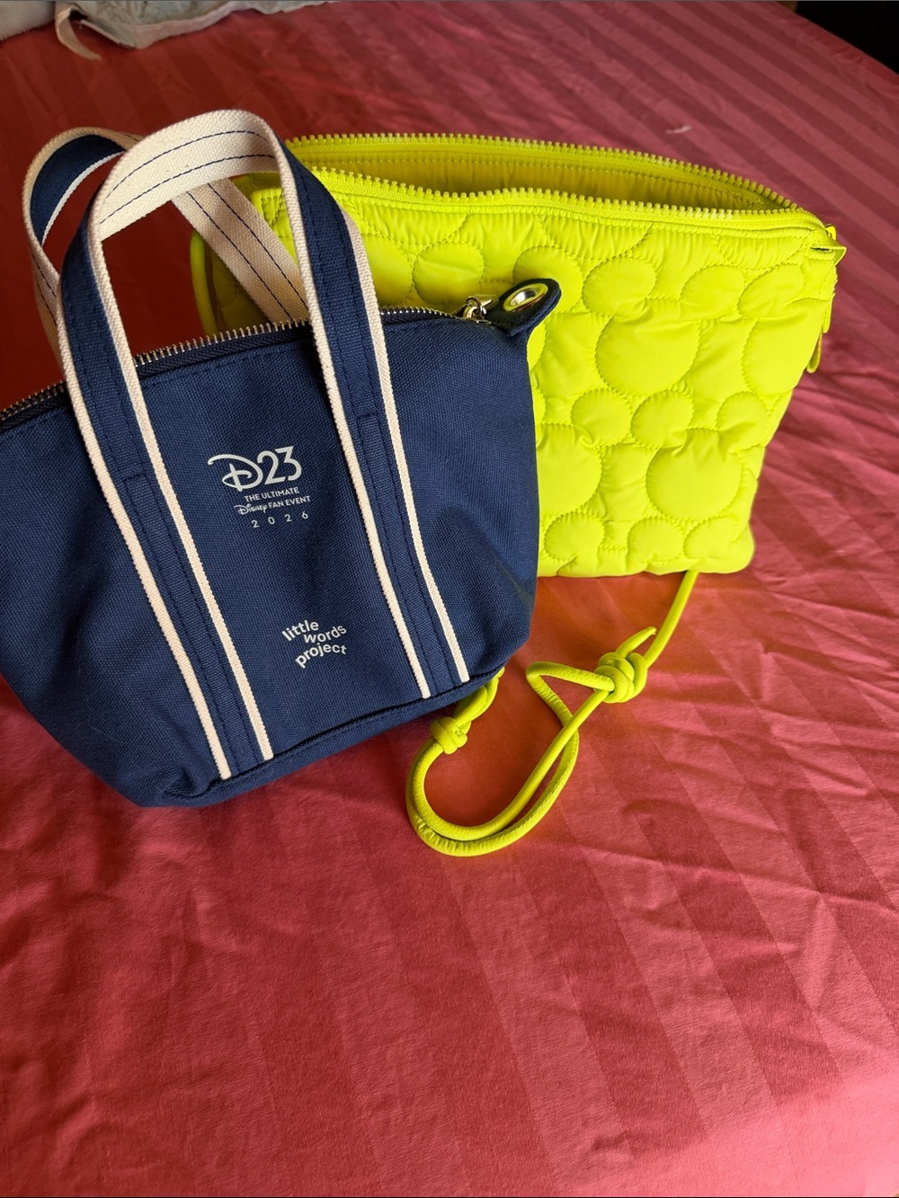 D23 Disney Navy Canvas Mini Tote and Neon Yellow Quilted Crossbody Pouch